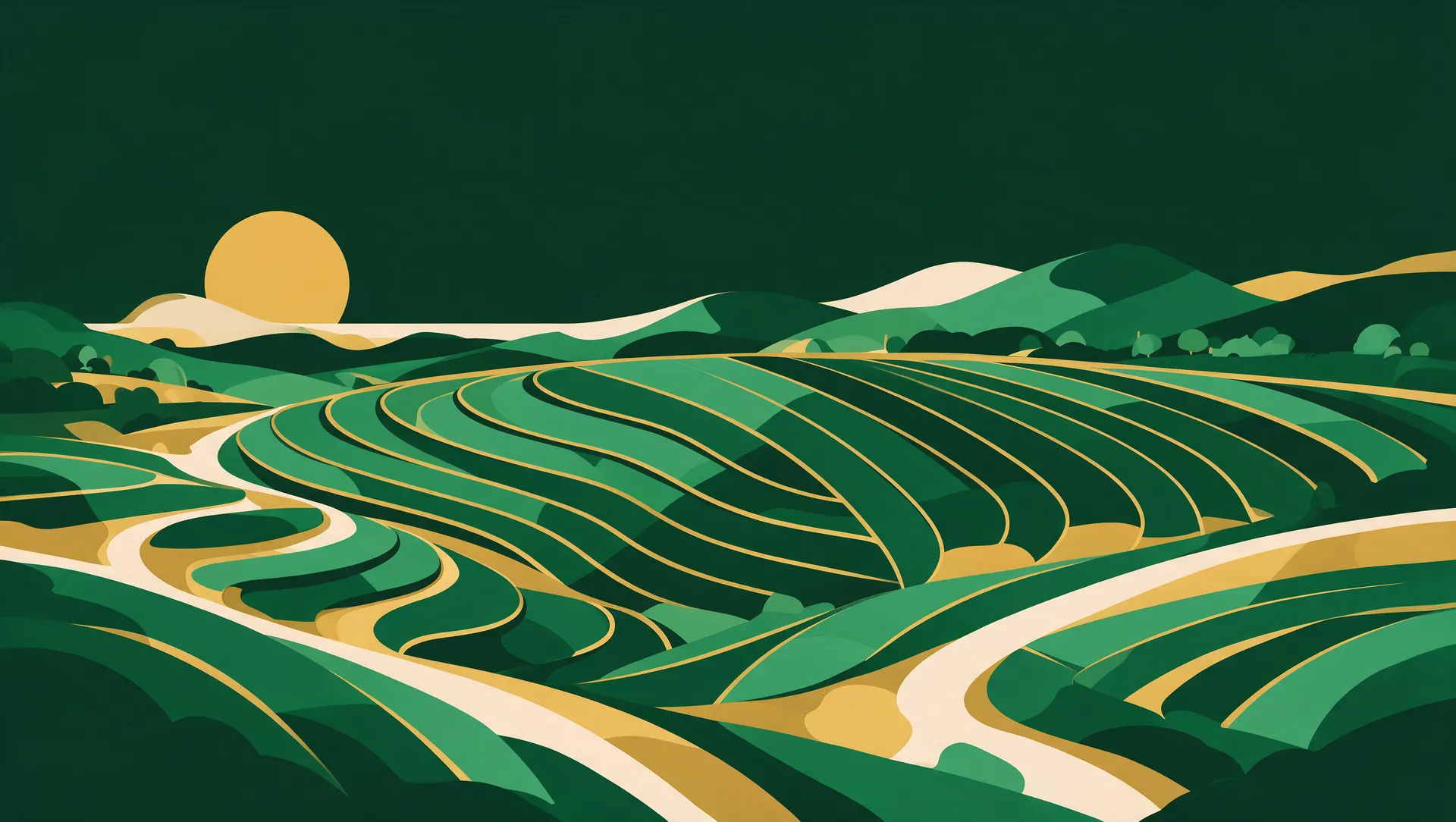 GlobAgri brand artwork: terraced green fields sweeping in a leaf-shaped curve under a golden sun